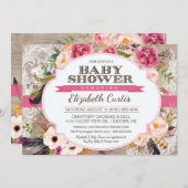 Invitation Fête de bébé Bohème Rose aquarelle et dentelle (Devant / Derrière)