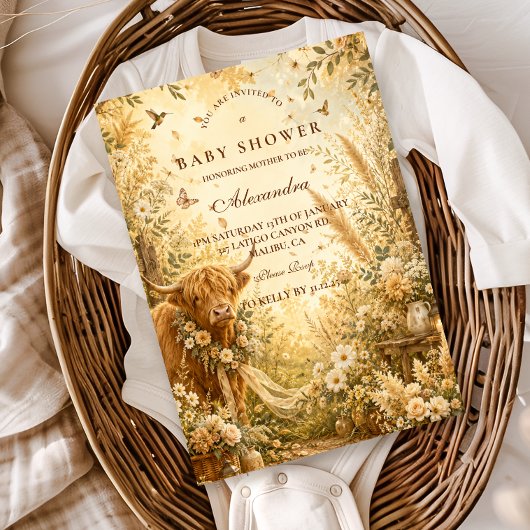 Invitation Fête de Bébé Bohème Vache Highland Rustique