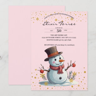 Invitation Fête de Bébé Bonhomme de Neige Petits Flocons Rose