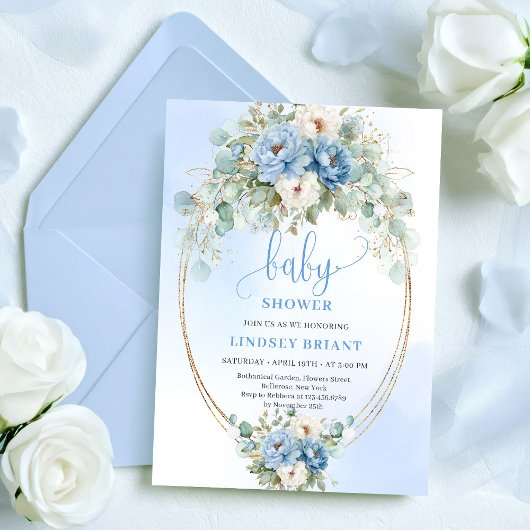 Invitation Fête de bébé Botanique Boho Fleurs Bleues Eucalypt