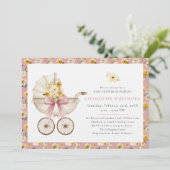 Invitation Fête de Bébé Calèche Florale Rose Tendue (Debout devant)