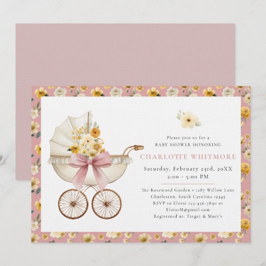 Invitation Fête de Bébé Calèche Florale Rose Tendue (Devant / Derrière)