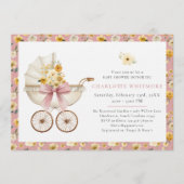 Invitation Fête de Bébé Calèche Florale Rose Tendue (Devant)