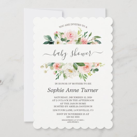 Invitation Fête de bébé calligraphie florale crème rose moder (Devant)