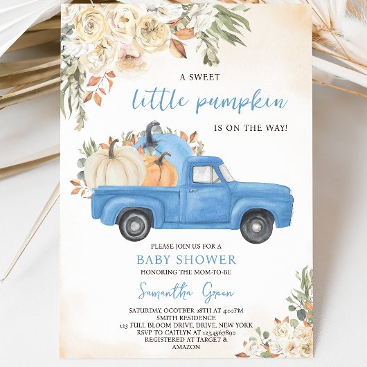 Invitation Fête de Bébé Camion de Citrouille Bleue