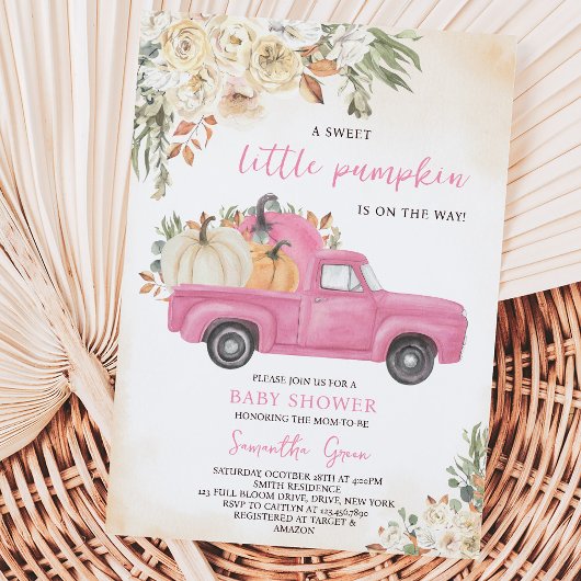 Invitation Fête de bébé camion de citrouille rose