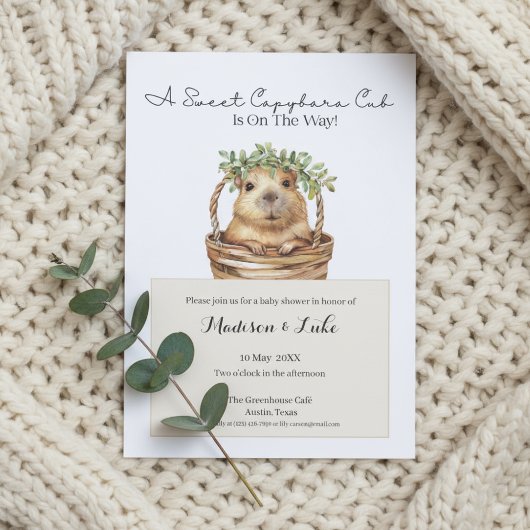 Invitation Fête de bébé capybara • Décor eucalyptus
