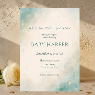 Invitation Fête de Bébé Céleste à l'Aquarelle Vert Sauge