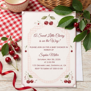 Invitation Fête de bébé Cerise à l'aquarelle Gingham rose
