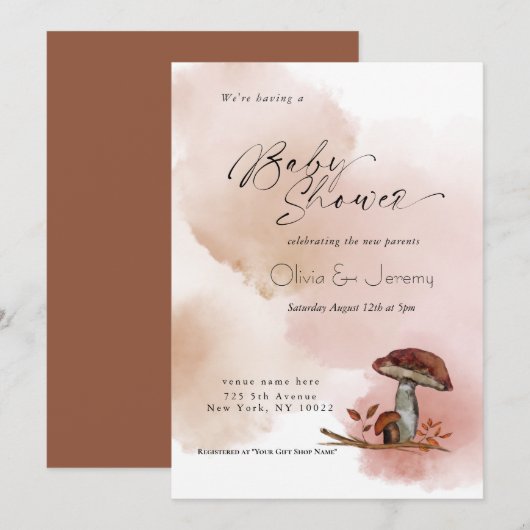 Invitation Fête de bébé champêtre avec champignons de la forê (Devant / Derrière)
