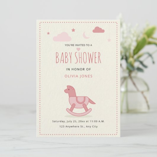 Invitation Fête de bébé Cheval à Bascule Minimaliste Bébé Fil (Debout devant)