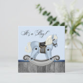 Invitation Fête de bébé Cheval à bascule Noir et Bleu (Debout devant)
