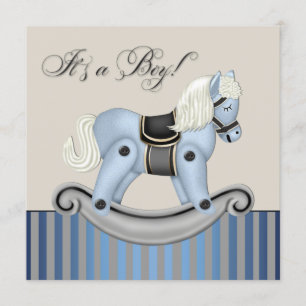 Invitation Fête de bébé Cheval à bascule Noir et Bleu