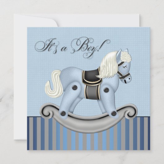 Invitation Fête de bébé Cheval à bascule Noir et Bleu (Devant)