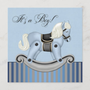 Invitation Fête de bébé Cheval à bascule Noir et Bleu