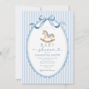 Invitation Fête de Bébé Cheval à Bascule Rayé Bleu