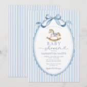 Invitation Fête de Bébé Cheval à Bascule Rayé Bleu  (Devant / Derrière)
