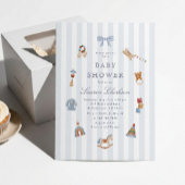 Invitation Fête de bébé Cheval à bascule rayé bleu Prépa