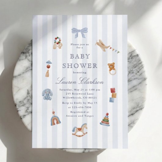 Invitation Fête de bébé Cheval à bascule rayé bleu Prépa