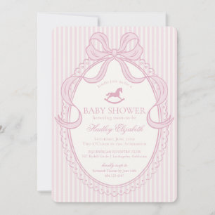 Invitation Fête de Bébé Cheval à Bascule Ruban Coquette Rose