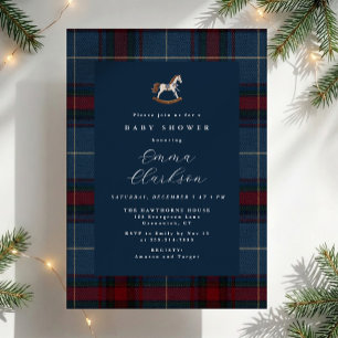 Invitation Fête de bébé Cheval à Bascule Tartan Noël Vintage
