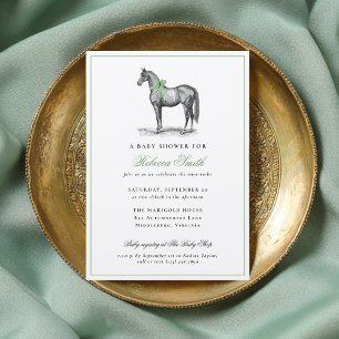 Invitation Fête de Bébé Chevalin Équin Vert Élégant Vintage