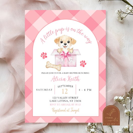Invitation Fête de Bébé Chien en Vichy Rose