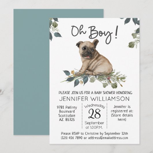 Invitation Fête de bébé chien Oh Garçon ! Pug Chiot (Devant / Derrière)