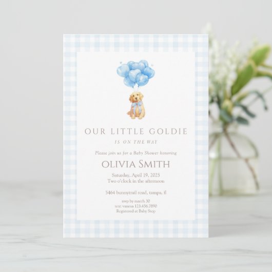 Invitation Fête de Bébé Chiot Goldendoodle Bleu (Debout devant)