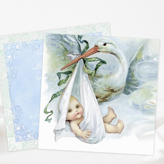 Invitation Fête de bébé cigogne bleu et vert