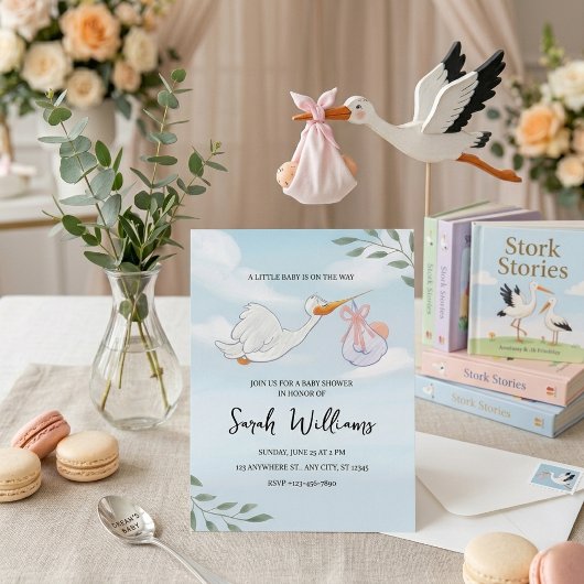 Invitation Fête de bébé cigogne douce