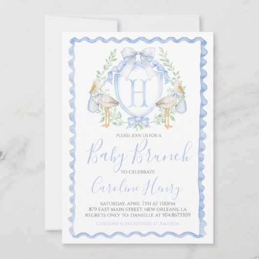 Invitation Fête de bébé cigogne garçon Préparatoire Gingham B (Devant)