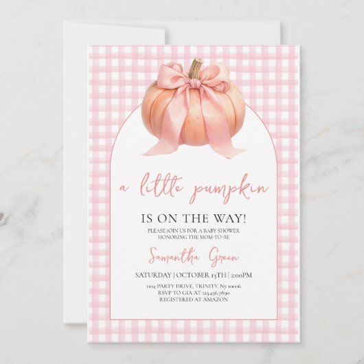 Invitation Fête de bébé Citrouille à Ruban Rose (Devant)