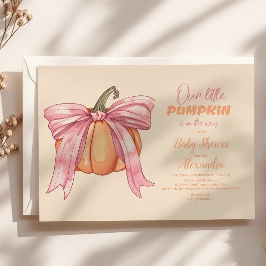 Invitation Fête de Bébé Citrouille à Ruban Rose Rétro