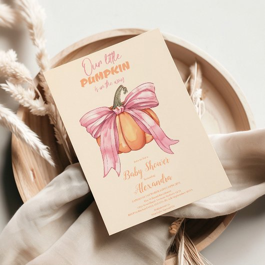 Invitation Fête de Bébé Citrouille à Ruban Rose Rétro