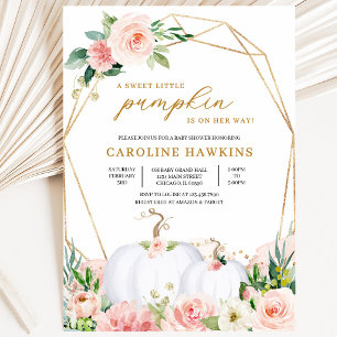 Invitation Fête de bébé citrouille florale rose et or