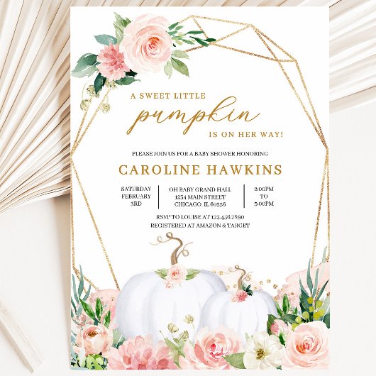 Invitation Fête de bébé citrouille florale rose et or