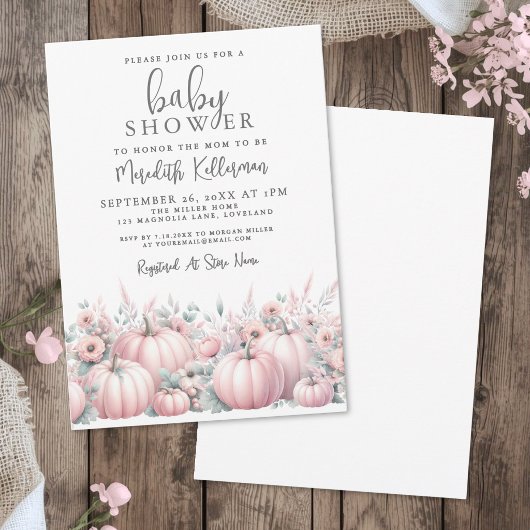 Invitation Fête de Bébé Citrouille Rose Automne
