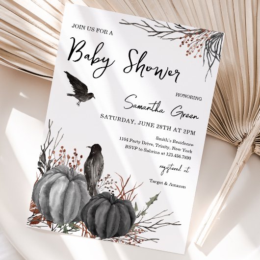 Invitation Fête de Bébé Citrouilles et Oiseaux Noirs