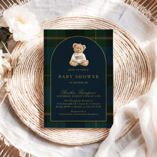 Invitation Fête de bébé classique Ourson vert et carreaux ble