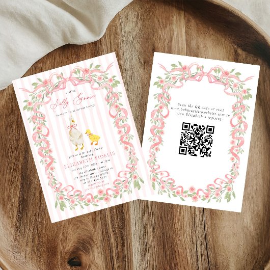 Invitation Fête de Bébé Code QR Floral Rose à Ruban de l'Oie