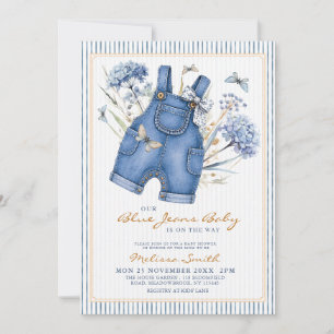 Invitation Fête de Bébé Combinaison en Jean Bleu à l'Aquarell
