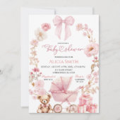 Invitation Fête de bébé Coquette avec un berceau rose (Devant)