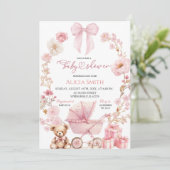 Invitation Fête de bébé Coquette avec un berceau rose (Debout devant)
