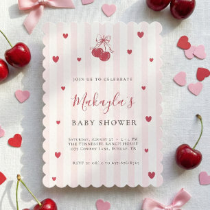 Invitation Fête de Bébé Coquette Cerise Rose Rayures Vintage