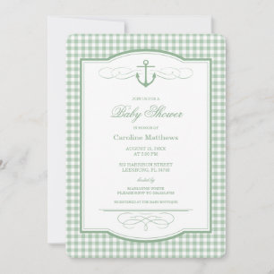 Invitation Fête de Bébé Côtière Prépa Vert Sauge à Carreaux