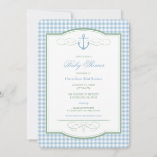Invitation Fête de bébé côtière preppy à carreaux bleus et ve