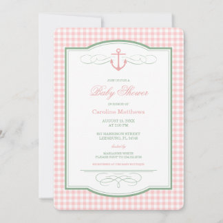Invitation Fête de bébé côtière preppy à carreaux rose et ver