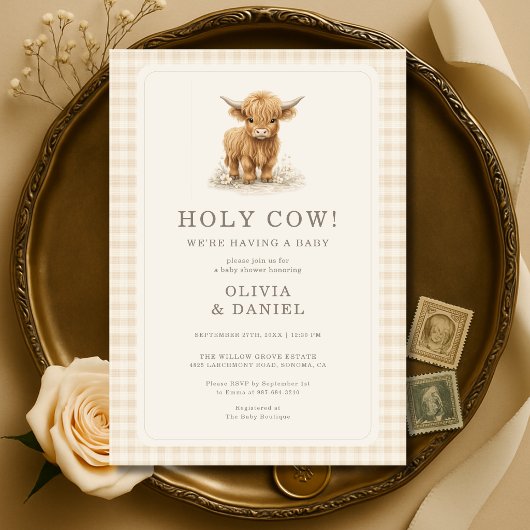 Invitation Fête de Bébé Couple Gingham Vache Sacrée