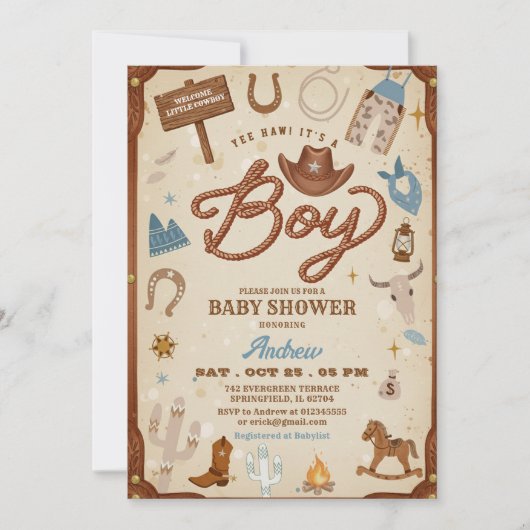 Invitation Fête de bébé Cow-boy Ranch Rodéo Far West (Devant)
